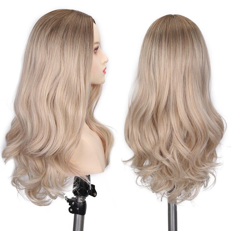 Lady Miranda Blonde Wigs for White Women Brown to Ash Blonde Natural Looking High Density Heat Resistant Synthetic Hair Weave Full Wigs for Women Middle Part Long Ombre Blonde Wavy Wig (T/Ash Blonde) - Image 3